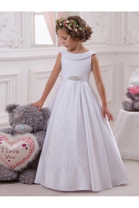 Elfenbein Prinzessin Satin Spitze Lange Blumenmädchenkleider Websites