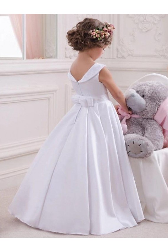 Elfenbein Prinzessin Satin Spitze Lange Blumenmädchenkleider Websites