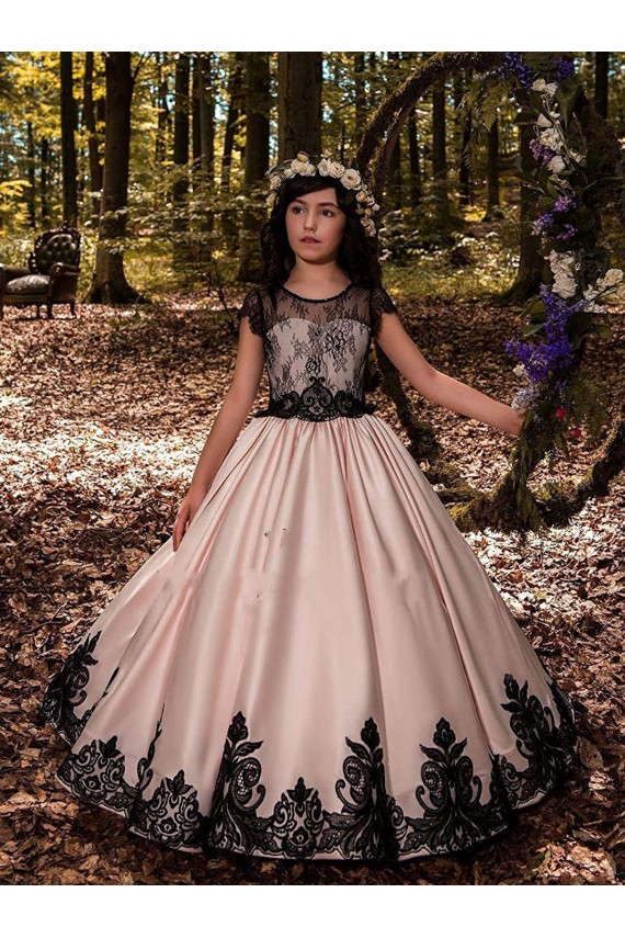 Elfenbein Prinzessin Satin Spitze Lange Blumenmädchenkleider Websites