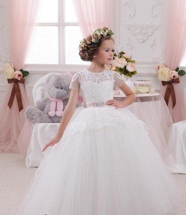 Elfenbein Prinzessin Tüll Spitze Lange Blumenmädchenkleider Websites