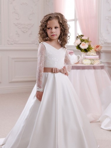 Elfenbein Prinzessin V-Ausschnitt Kapelle-schleppe Satin Spitze Lange Blumenmädchenkleider Websites