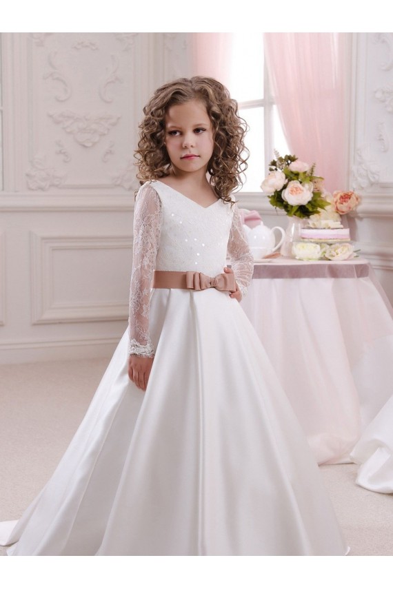 Elfenbein Prinzessin V-Ausschnitt Kapelle-schleppe Satin Spitze Lange Blumenmädchenkleider Websites
