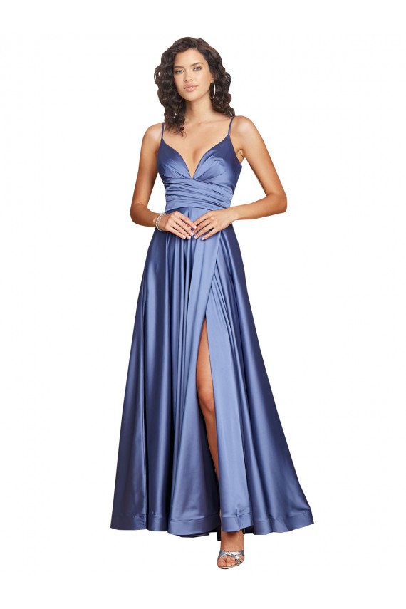 Französisch Blau A-Linien Spaghetti-Träger Seidiger Satin Lange Formale Brautjungfernkleider / Abendkleider / Abiballkleider Websites