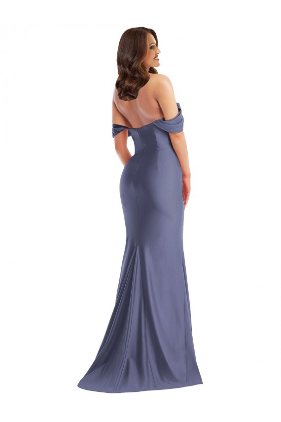 Französisch Blau Meerjungfrau Off-Schulter Seidiger Satin Lange Formale Brautjungfernkleider / Abendkleider / Abiballkleider Websites