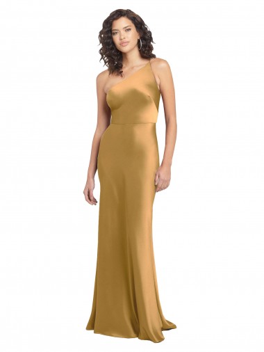 Gold A-Linien Eine-Schulter Stretch-Satin Lange Formale Brautjungfernkleider / Abendkleider / Abiballkleider Websites