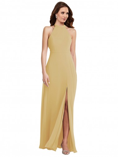 Gold A-Linien Neckholder Chiffon Lange Brautjungfernkleider Websites