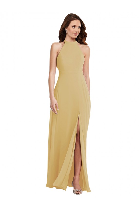 Gold A-Linien Neckholder Chiffon Lange Brautjungfernkleider Websites