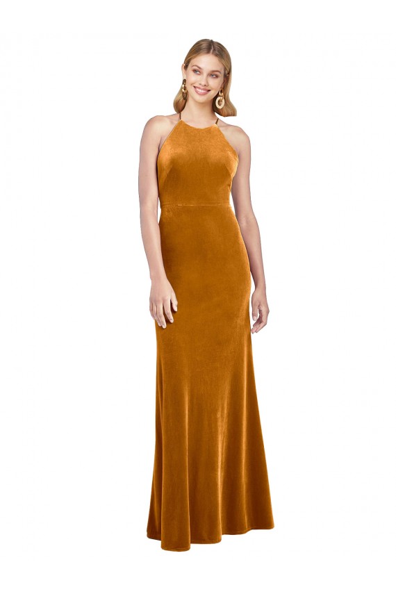 Gold A-Linien Neckholder Stehkragen Ausschnitt Stretch-Samt Lange Formale Brautjungfernkleider / Abendkleider / Abiballkleider Websites