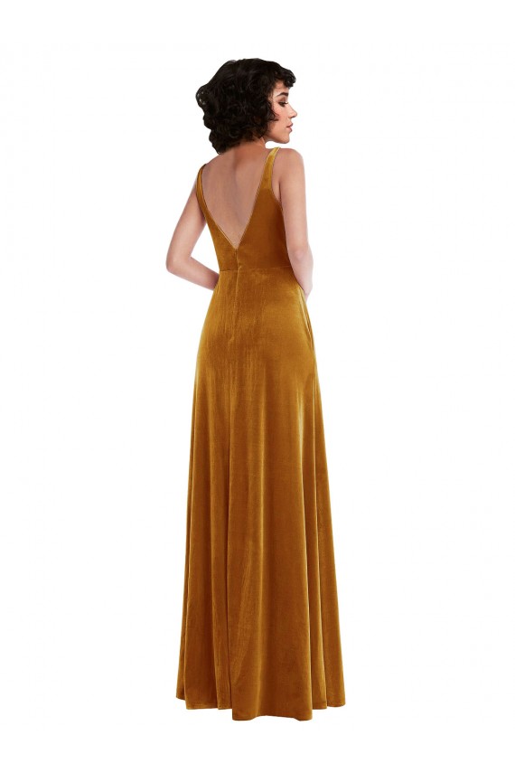 Gold Trompete V-Ausschnitt Stretch-Samt Lange Brautjungfernkleider / Abiballkleider Websites