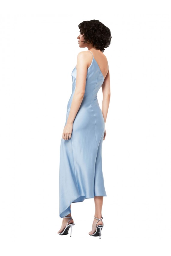 Helles Himmelblau A-Linien Eine-Schulter Midi Seidiger Satin Kurze Formale Brautjungfernkleider / Abendkleider / Abiballkleider / Cocktailkleider / Heimkehr Kleider Websites