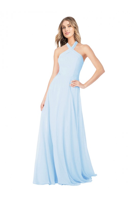 Helles Himmelblau A-Linien Neckholder Stehkragen Ausschnitt Chiffon Lange Brautjungfernkleider Websites