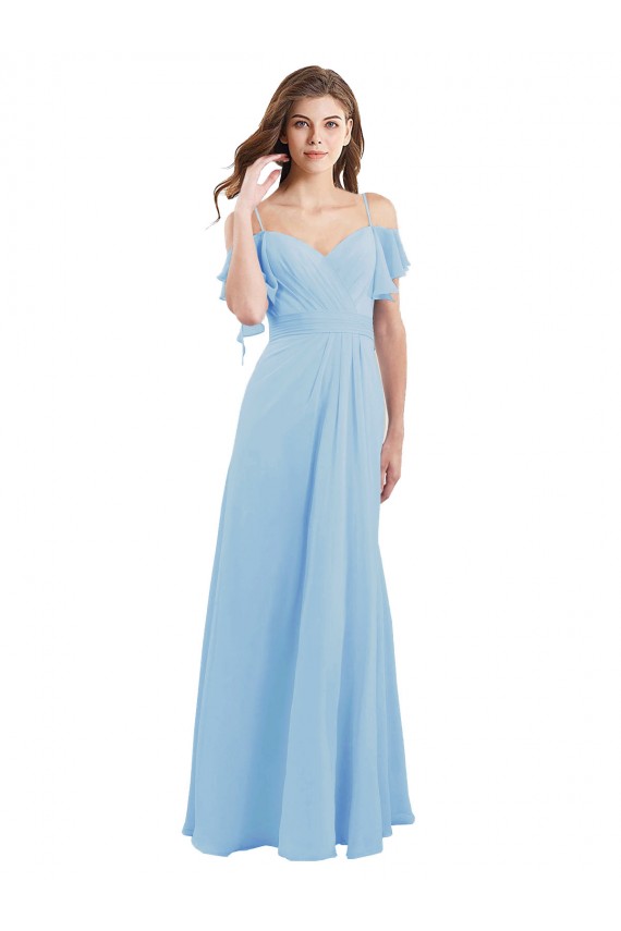 Helles Himmelblau A-Linien Spaghetti-Träger Chiffon Lange Brautjungfernkleider Websites