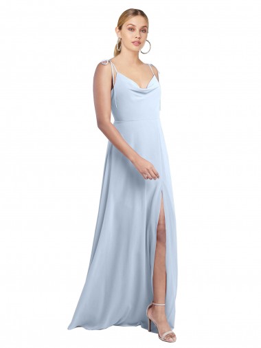 Helles Himmelblau A-Linien Spaghetti-Träger Haube Ausschnitt Chiffon Lange Brautjungfernkleider Websites
