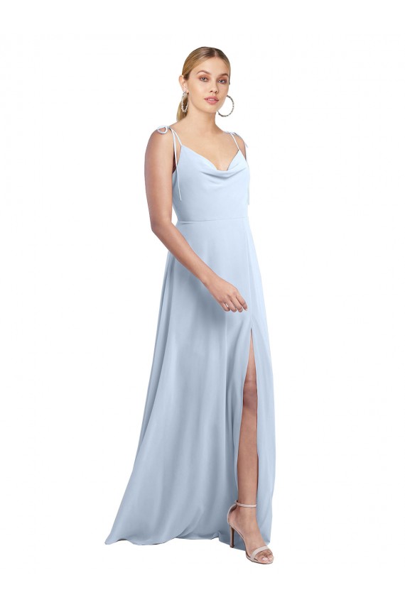 Helles Himmelblau A-Linien Spaghetti-Träger Haube Ausschnitt Chiffon Lange Brautjungfernkleider Websites