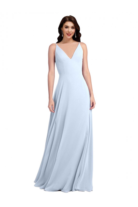 Helles Himmelblau A-Linien V-Ausschnitt Chiffon Lange Brautjungfernkleider Websites