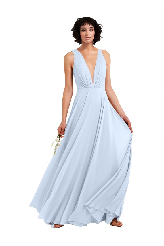 Helles Himmelblau A-Linien V-Ausschnitt Chiffon Lange Brautjungfernkleider Websites