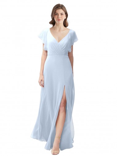Helles Himmelblau A-Linien V-Ausschnitt Chiffon Lange Brautjungfernkleider Websites