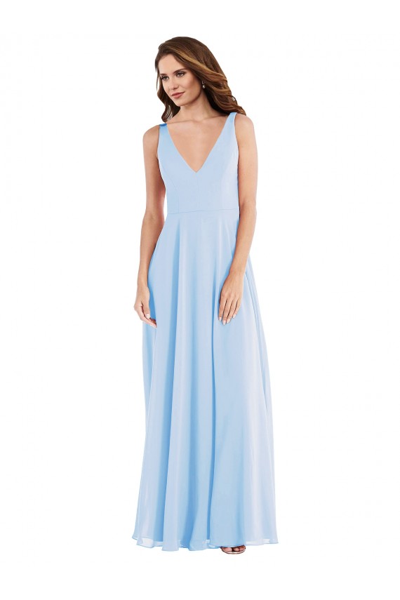 Helles Himmelblau A-Linien V-Ausschnitt Chiffon Lange Brautjungfernkleider Websites