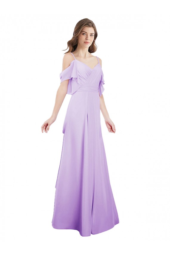 Lila A-Linien Off-Schulter Spaghetti-Träger Chiffon Lange Brautjungfernkleider Websites