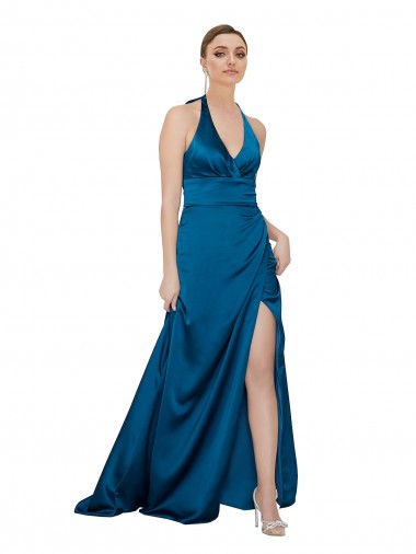 Pfauenblau A-Linien Neckholder Seidiger Satin Lange Formale Brautjungfernkleider / Abendkleider / Abiballkleider Websites