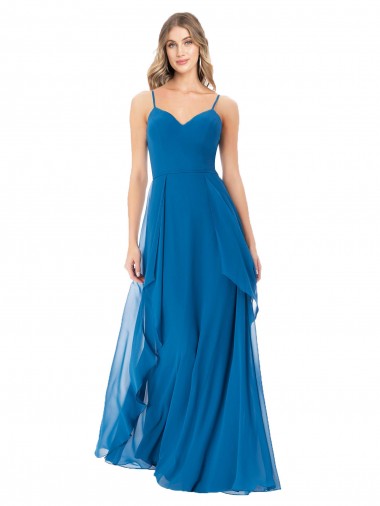 Pfauenblau A-Linien Spaghetti-Träger Chiffon Lange Brautjungfernkleider Websites