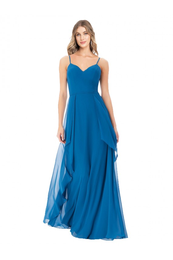 Pfauenblau A-Linien Spaghetti-Träger Chiffon Lange Brautjungfernkleider Websites