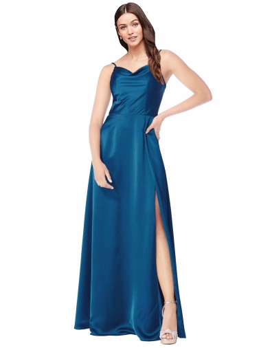 Pfauenblau A-Linien Spaghetti-Träger Haube Ausschnitt Seidiger Satin Lange Formale Brautjungfernkleider / Abendkleider / Abiballkleider Websites