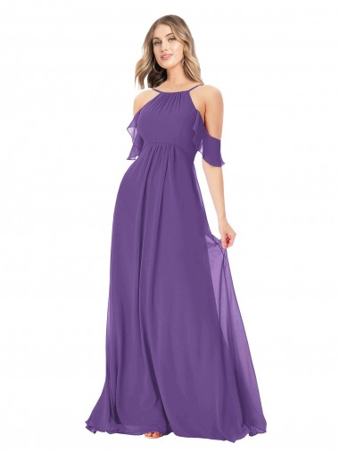 Pflaume Lila A-Linien Off-Schulter Stehkragen Ausschnitt Chiffon Lange Brautjungfernkleider Websites