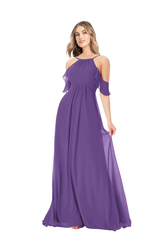 Pflaume Lila A-Linien Off-Schulter Stehkragen Ausschnitt Chiffon Lange Brautjungfernkleider Websites