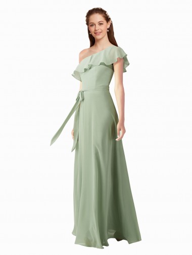 Rauchgrün A-Linien Eine-Schulter Chiffon Lange Brautjungfernkleider Websites