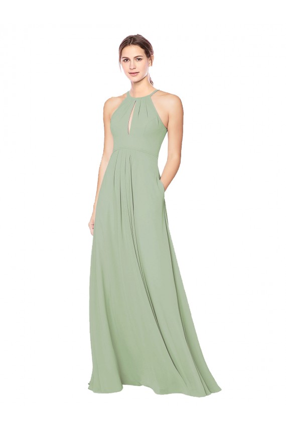 Rauchgrün A-Linien Neckholder Chiffon Lange Brautjungfernkleider Websites