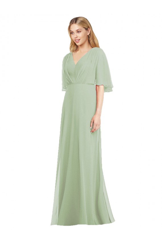 Rauchgrün Trompete V-Ausschnitt Chiffon Lange Brautjungfernkleider Websites