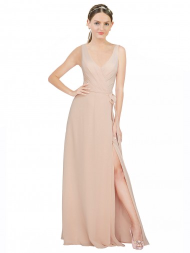 Rosa 114 A-Linien V-Ausschnitt Chiffon Lange Brautjungfernkleider Websites