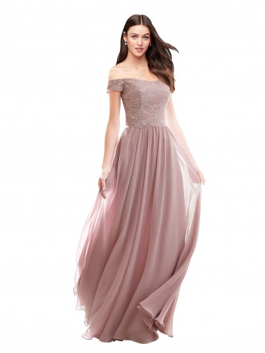Rosa 147 A-Linien Off-Schulter Chiffon Spitze Lange Brautjungfernkleider Websites