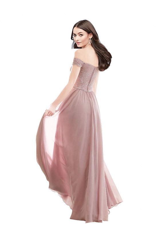 Rosa 147 A-Linien Off-Schulter Chiffon Spitze Lange Brautjungfernkleider Websites