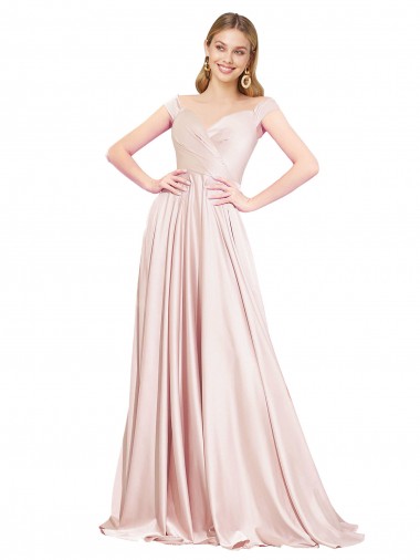 Rosa A-Linien Off-Schulter Satin Lange Formale Brautjungfernkleider / Abendkleider / Abiballkleider Websites