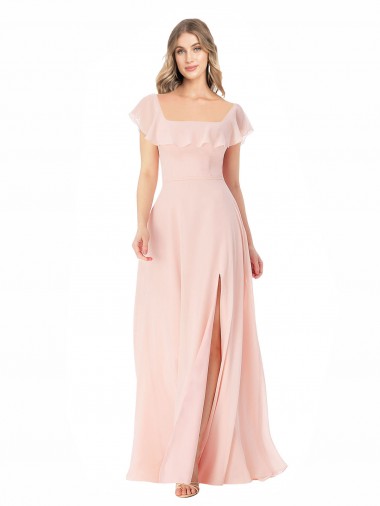 Rosa A-Linien Quadrat Ausschnitt Chiffon Lange Brautjungfernkleider Websites