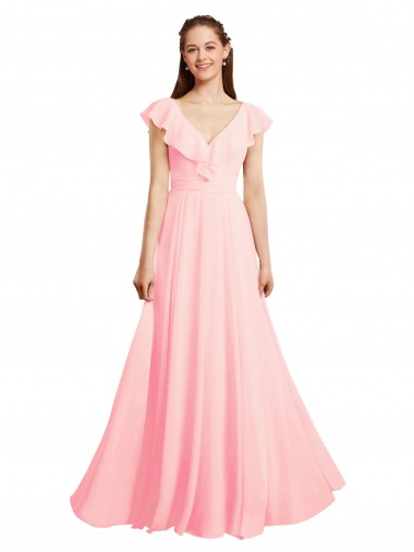 Rosa A-Linien V-Ausschnitt Chiffon Lange Brautjungfernkleider Websites
