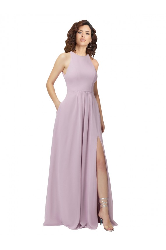 Rosa Leuchten A-Linien Neckholder Stehkragen Ausschnitt Chiffon Lange Brautjungfernkleider Websites