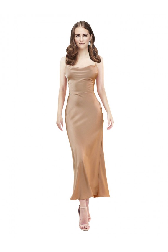 Roségold Etui Haube Ausschnitt Midi Seidiger Satin Kurze Formale Brautjungfernkleider / Abendkleider / Abiballkleider / Cocktailkleider / Heimkehr Kleider Websites