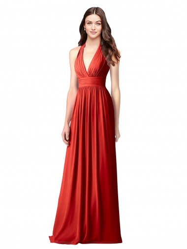 Rot A-Linien Neckholder V-Ausschnitt Chiffon Lange Brautjungfernkleider Websites