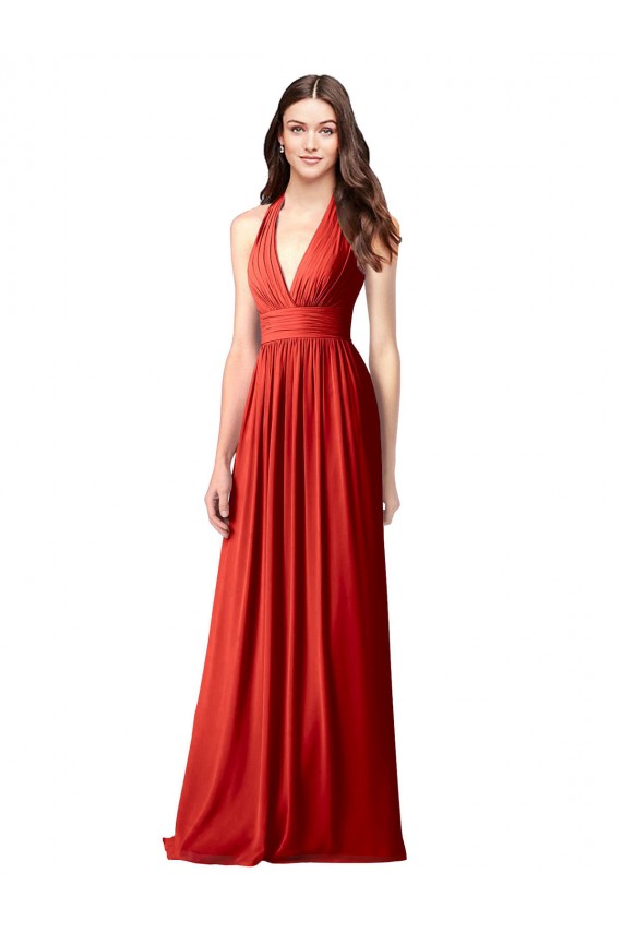 Rot A-Linien Neckholder V-Ausschnitt Chiffon Lange Brautjungfernkleider Websites