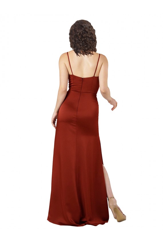 Rot A-Linien Spaghetti-Träger Quadrat Ausschnitt Seidiger Satin Lange Formale Brautjungfernkleider / Abendkleider / Abiballkleider Websites