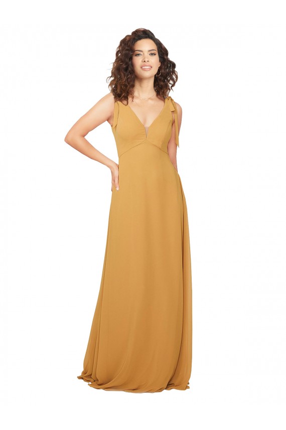 Safran A-Linien V-Ausschnitt Chiffon Lange Brautjungfernkleider Websites