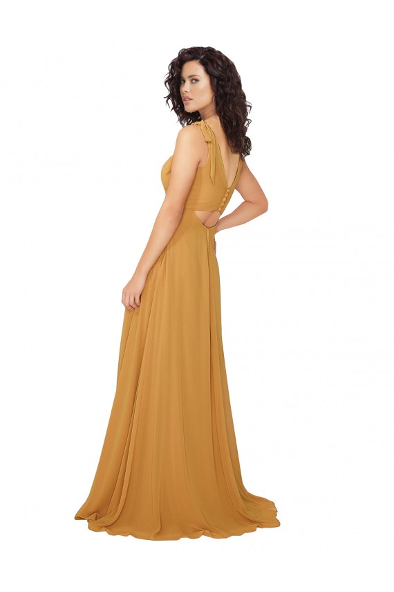 Safran A-Linien V-Ausschnitt Chiffon Lange Brautjungfernkleider Websites