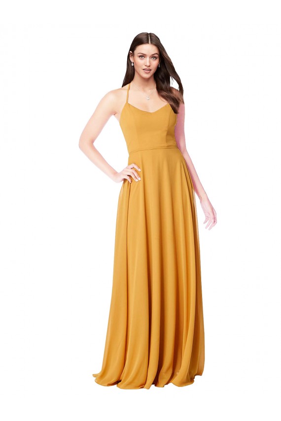 Safran A-Linien V-Ausschnitt Chiffon Lange Brautjungfernkleider Websites