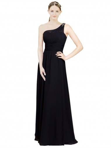 Schwarz A-Linien Eine-Schulter Chiffon Lange Brautjungfernkleider Websites