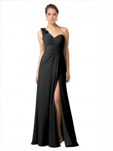 Schwarz A-Linien Eine-Schulter Chiffon Lange Brautjungfernkleider Websites
