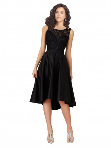 Schwarz A-Linien Illusion Ausschnitt Midi Satin Spitze Kurze Brautjungfernkleider / Cocktailkleider / Heimkehr Kleider Websites