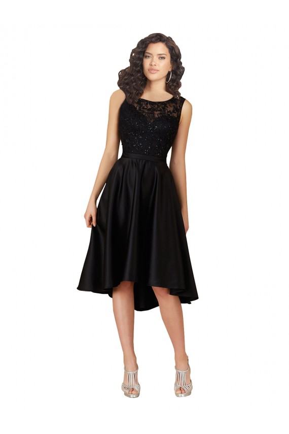 Schwarz A-Linien Illusion Ausschnitt Midi Satin Spitze Kurze Brautjungfernkleider / Cocktailkleider / Heimkehr Kleider Websites